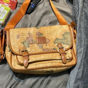 Butterfly Angel Tan Map-Print Shoulder Messenger Bag with Green Accents